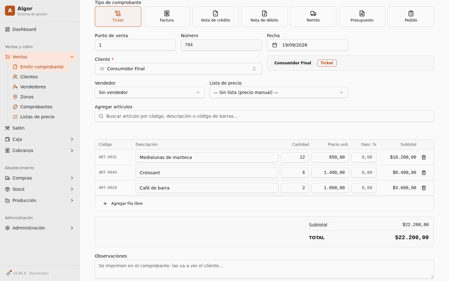Emitir comprobante de Algor: Un ticket al consumidor final con tres renglones, subtotales y total, listo para confirmar.